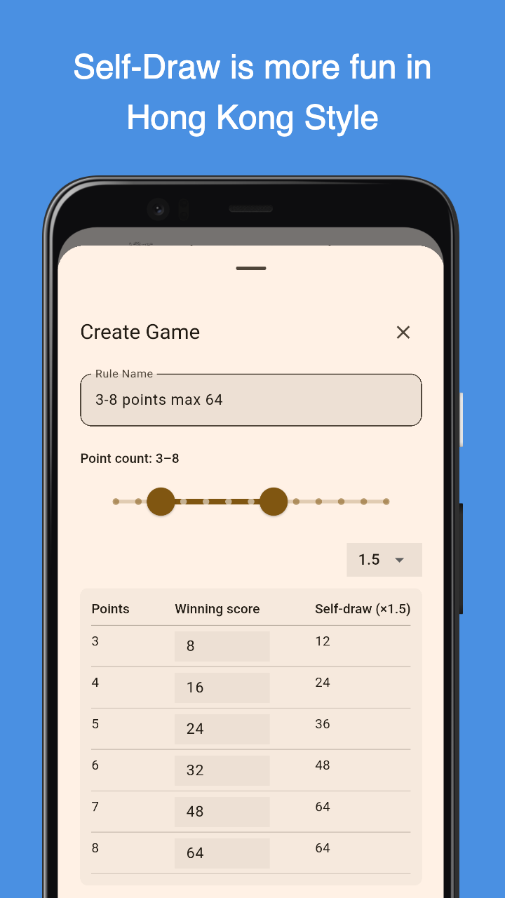 Mahjong Score: Hong Kong style game setup screen