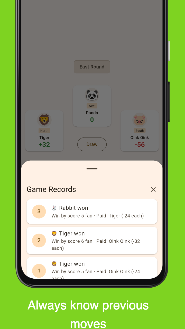 Mahjong Score: in-game records list