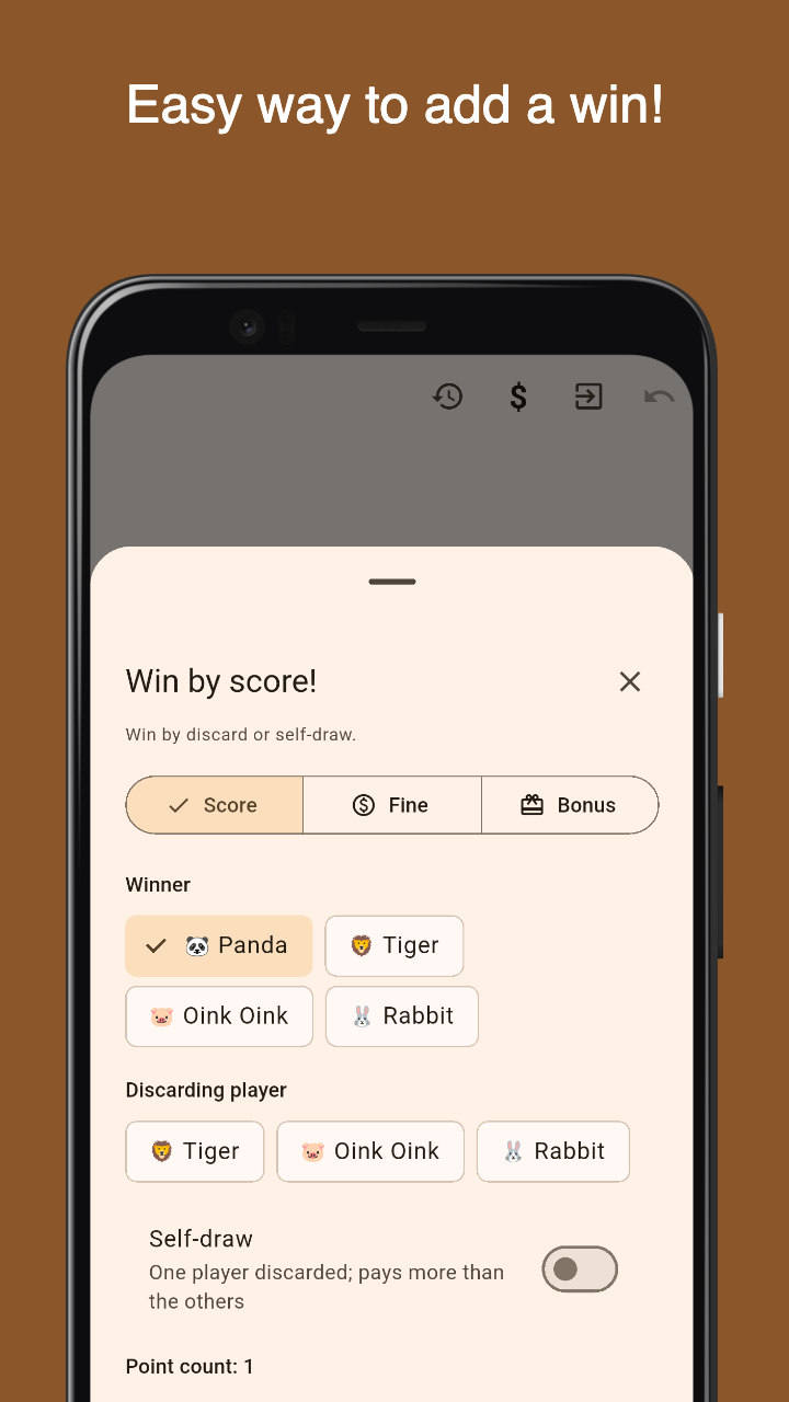 Mahjong Score: entering a win and fan score